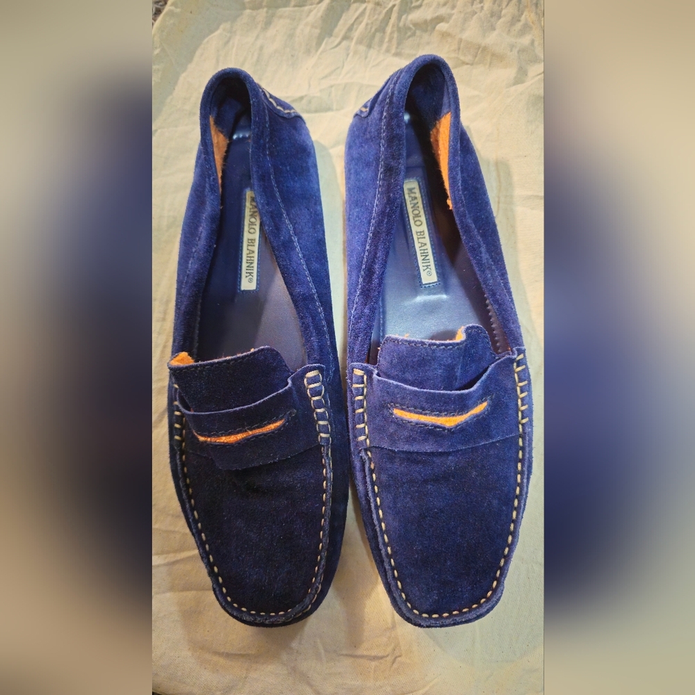 Manolo Blahnik Blue Suede Loafers Size 40 1/2